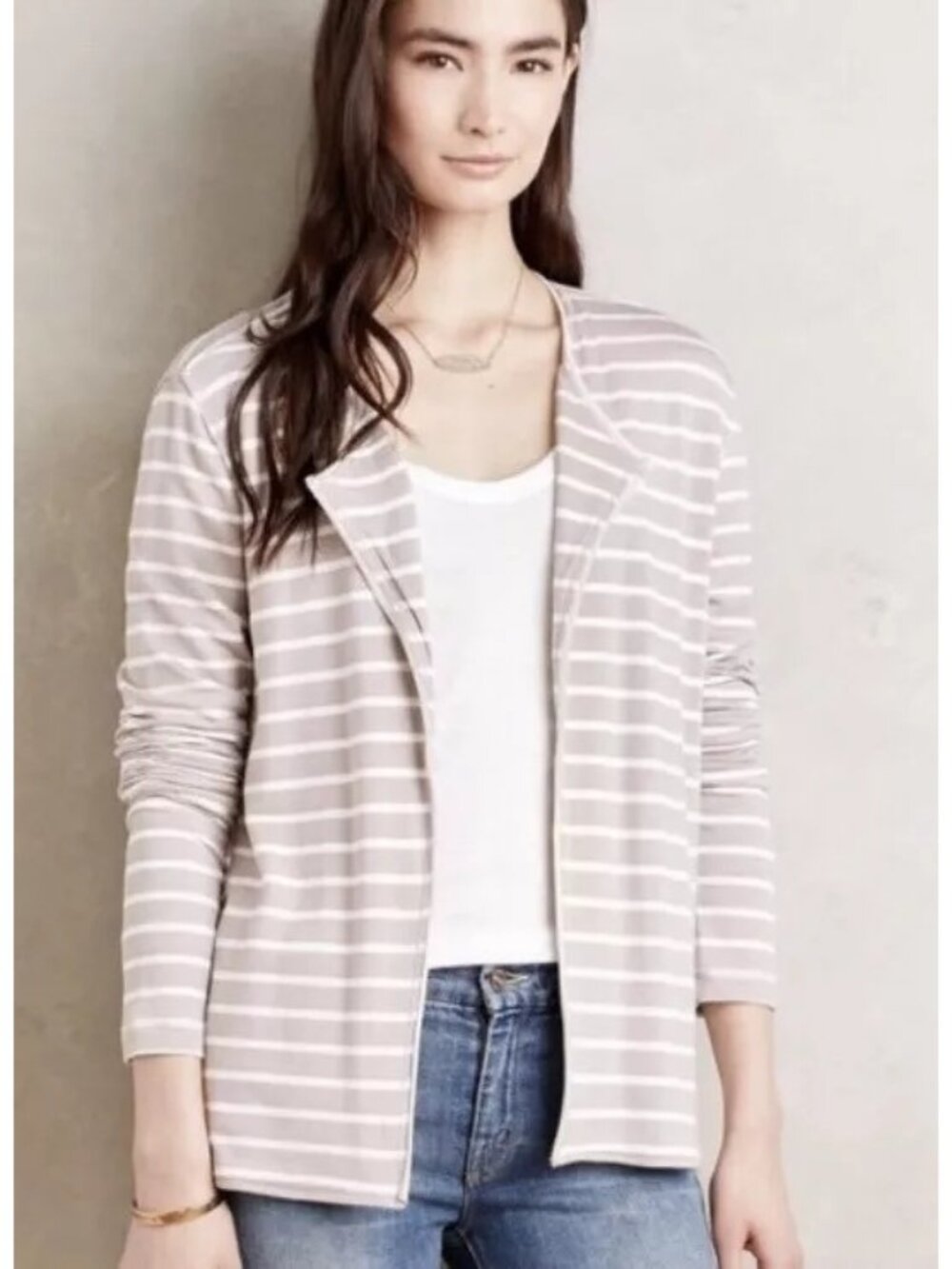 Anthropologie Bordeaux Cardigan Sweater Medium Striped Office Career Neutral NEW
